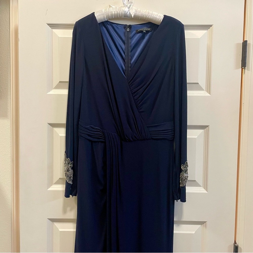 David Meister V Neck Draped Navy Evening Dress Gown Sequin Cuffs 10
